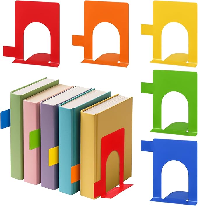 5 Set Metal Book Ends for Shelves Rainbow Book Shelf Dividers Library Shelf Marker Bookends Stopper Colorful Office Stand Holder for Heavy Books Desk Home Movies Kitchen Cds
