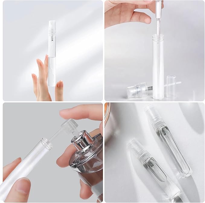Mini Spray Bottle, 5 Pcs 10ml Perfume Bottle Empty with 3 Pcs Transfer Pipettes, Fine Mist Refillable Perfume Atomizer, Small Empty Sample Containers, Plastic Portable Travel Bottle - Clear