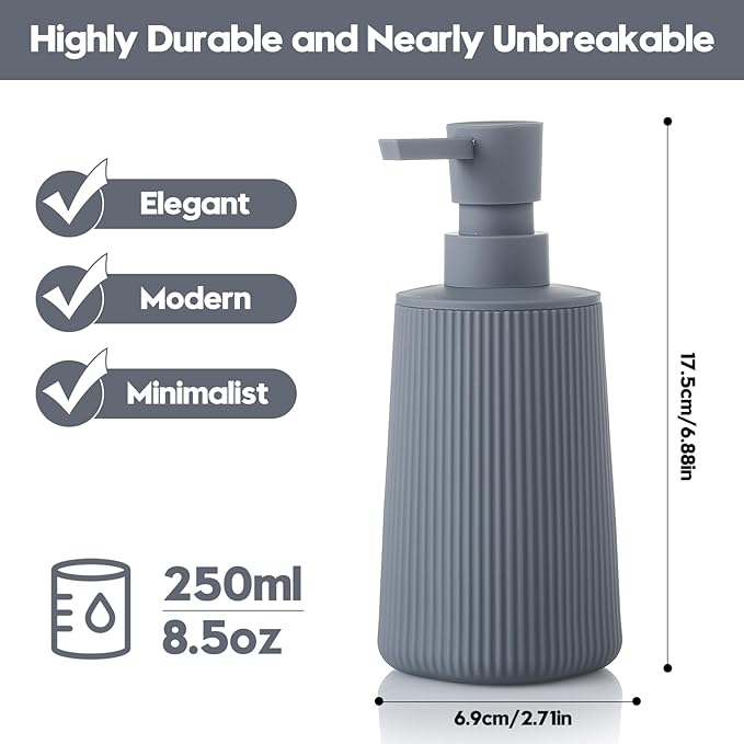 Small Soap Dispenser for Bathroom and Kitchen, Modern Farmhouse Striped Style Plastic Hand Soap Dish Soap Dispenser with Pump Matte Gray