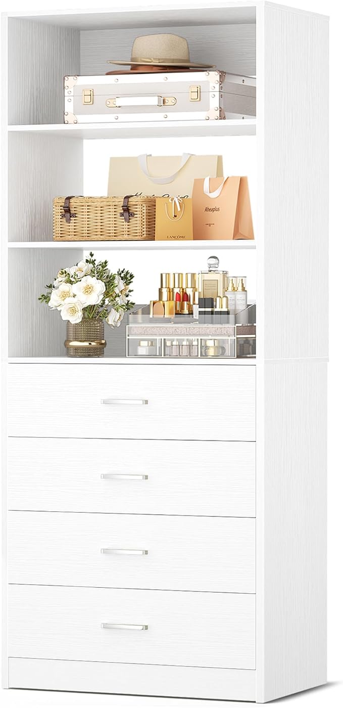 Aheaplus Closet Drawers Organizer System, 21.3" Wood Closet System with 4 Drawers, Modular Walk-in Closets Storage Unit, Tall Bookshelf Storage Cabinet, White22