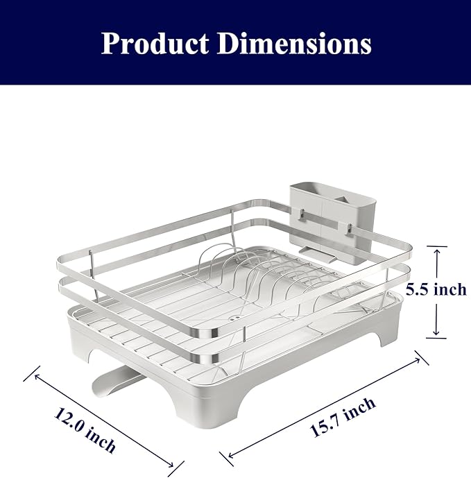 Kitsure Dish Drying Rack - Multi-Functional Dish Rack for Kitchen Counter with Cutlery Holder, Rust-Proof Storage Solution with Rotatable, 15.7" x 12.0" x 5.5", Sliver Grey