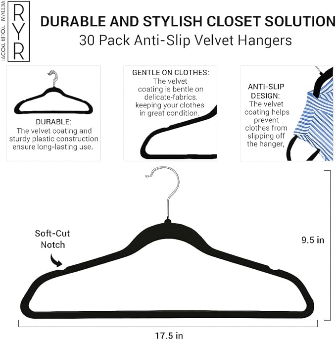 30 Pack Velvet Hangers - Non-Slip and Space-Saving Closet Organizers - Durable Soft-Touch, Black Hangers for Clothes, Coats, and Wardrobe Essentials Luxury, Ganchos De Ropa, Gift