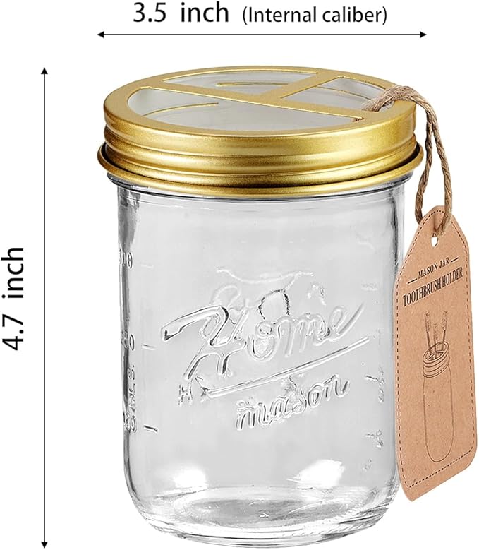 SheeChung Mason Jar Toothbrush Holders, Glass Toothbrush Holders for Bathroom, Bathroom Essentials, Mason Jar Bathroom Accessories Set, Bathroom Countertop Organizer-Gold