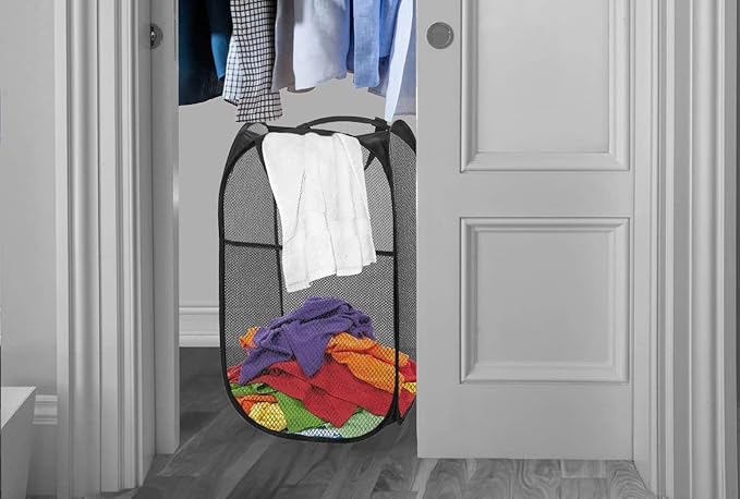 Laundry Basket, Laundry Hamper - Mesh Popup Laundry Hamper. Portable, Durable Handles, Collapsible for Storage, and Easy to Open. Great for The Kids Room, College Dorm, or Travel. (Black)[SHOOTING]