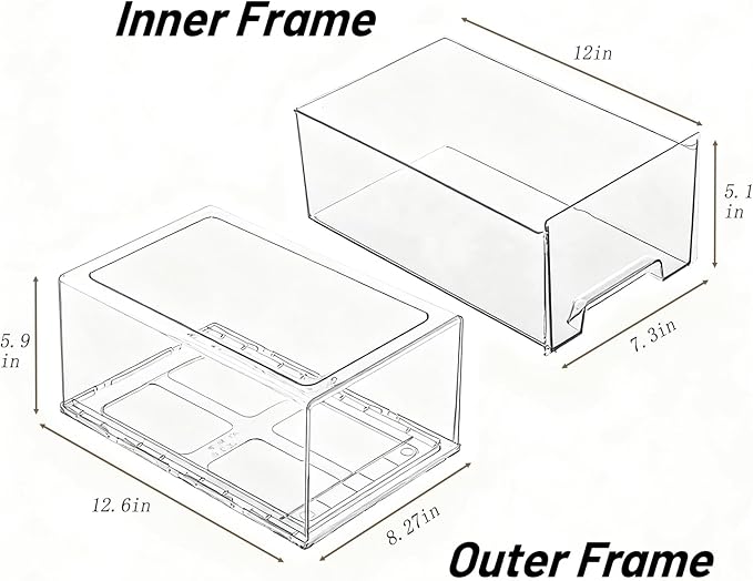 2 Pack Stackable Storage Drawers, Plastic Clear Organizer Bins with Handles for Undersink, Kitchen Cabinet, Fridge, Closet, Pantry, Office, Bathroom