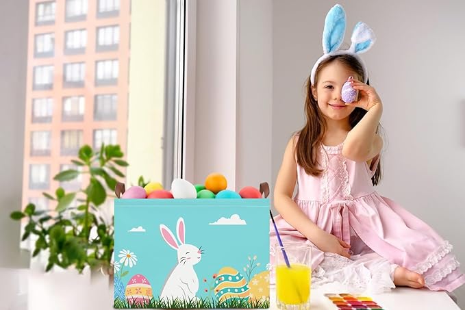 Rectangular Easter Eggs Basket Empty,Easter Storage Bin with Handles,Baby Room Decor,Gift Basket(Blue Easter Eggs)