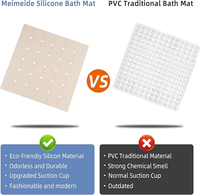 MEIMEIDE Shower Mat Non Slip 21"x21" Silicone Foldable Bath Mat with Suction Cups & Drain Holes, Odorless, Eco-Friendly & Durable, Machine Washable Shower Stall Mat for Adults, Seniors Beige