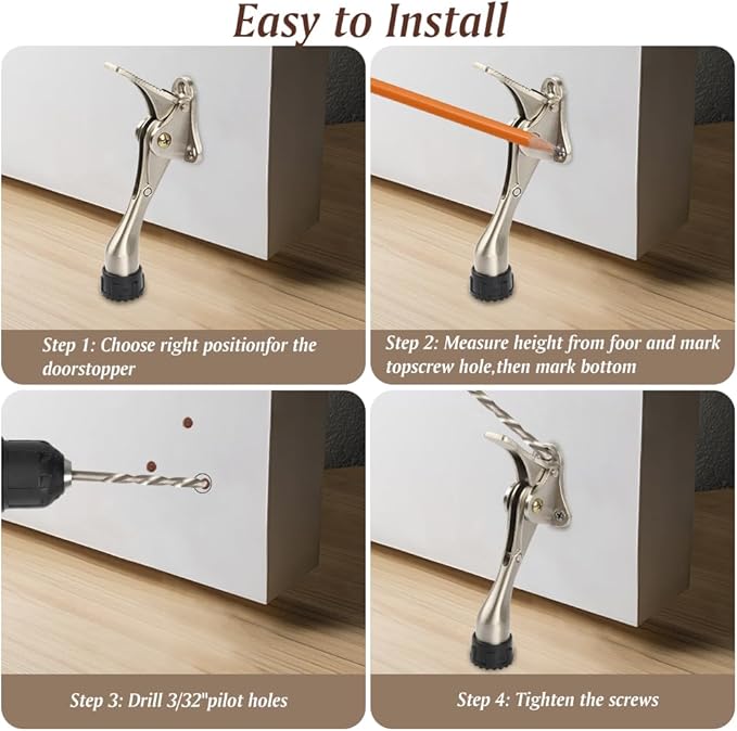 Kickdown Door Stopper 4 Inches - 4 Packs One Touch Adjustable Height Door Stop for The Bottom of Door The Bottom of Door Aluminum Alloy Metal Door Stopper with Rubber Tip Satin Nickel