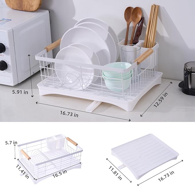 Dish Drainer Rack - Plate, Cutlery, Pots, and Pans Drying Rack for Kitchen with Beechwood Handles - Modern Retro Design Drip Tray with Metal Rack - White