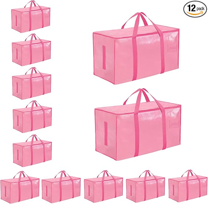 12 Pack-Extra Large Heavy Duty Moving Bags - Waterproof Storage Totes with Handles & Zippers, Foldable for College Dorm, Storage (Pink)