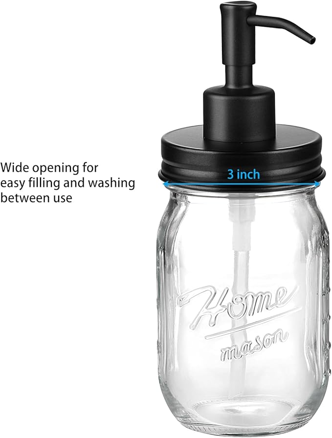 SheeChung 16 Oz Mason Jar Liquid Soap Dispenser, Glass Hand Soap Dispenser, Stainless Steel Pump Lid, Refillable Lotion Dispensers for Bathroom Countertop Kitchen (1, Black)
