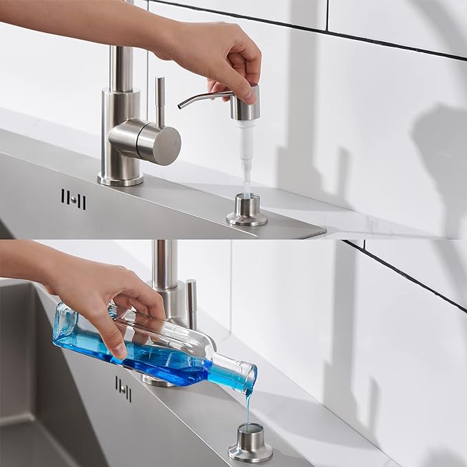 Sink Soap Dispenser Brushed Nickel, Soap Dispenser for Kitchen Sink Stainless Steel Refill from The Top Built in Sink Soap Dispensers with 13 OZ Soap Bottle
