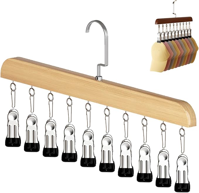 Closet Organizer with 10 Clips - Space Saving Hanging Closet Organizer, Multi-Purpose Storage Hanger for Pants, Leggings, Jeans, Sock, Shorts with Sturdy Steel Non-Slip Clips (Wood)