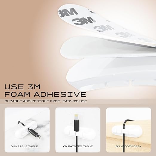USB Cable Organizer Clips Cord Holder,10 Packs (3-5-7-Slots) White Self Adhesive Desk Cord Cable Management