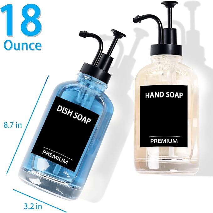 Dish Soap Dispenser for Kitchen, Hand Glass Soap Dispenser Set with Pump, Tray, Funnel for Bathroom, Shower, Laundry, Liquid, Lotion (Black 2 Pack 18 Oz Clear Bottles with 12 Stickers)