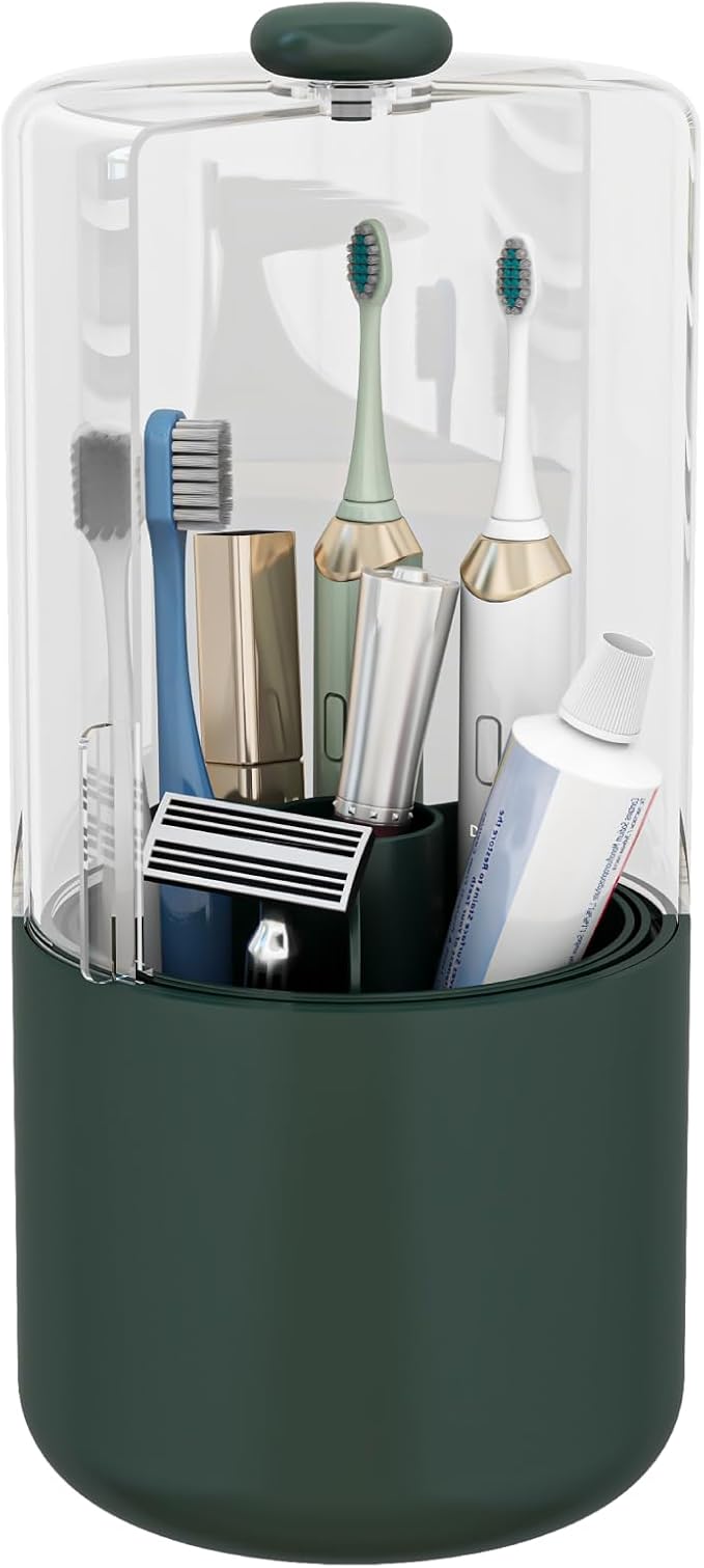 YOOLENS Toothbrush Holder with Cover 360 Rotating 4 Compartments Bathroom Toothpaste Electric Toothbrush Organizer, Dark Green