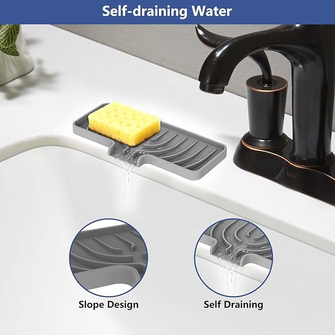 Silicone Sponge Holder for Kitchen Sink With Drain Spout, Self Draining, 10×4 inch Kitchen Soap Tray, Bathroom Organizer, Sink Caddy, Perfect for Dispenser, Scrubber, Bottle, Cup on Counter (Gray)