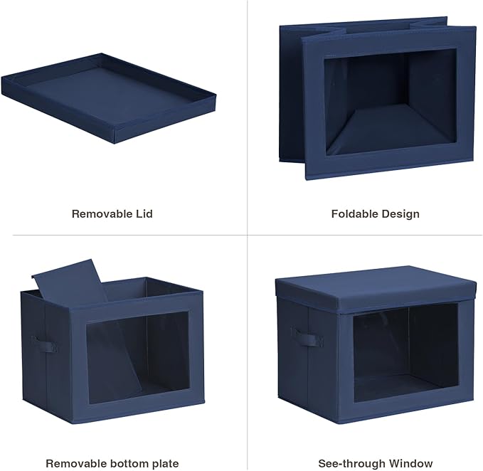 Stackable Storage Bins with Lids - Large Storage Box with Lids, Foldable Closet Boxes for Organizing, Wardrobe Clothes Organizer with Window, Cubes Bins for Living Room, 6 Pack, Navy Blue