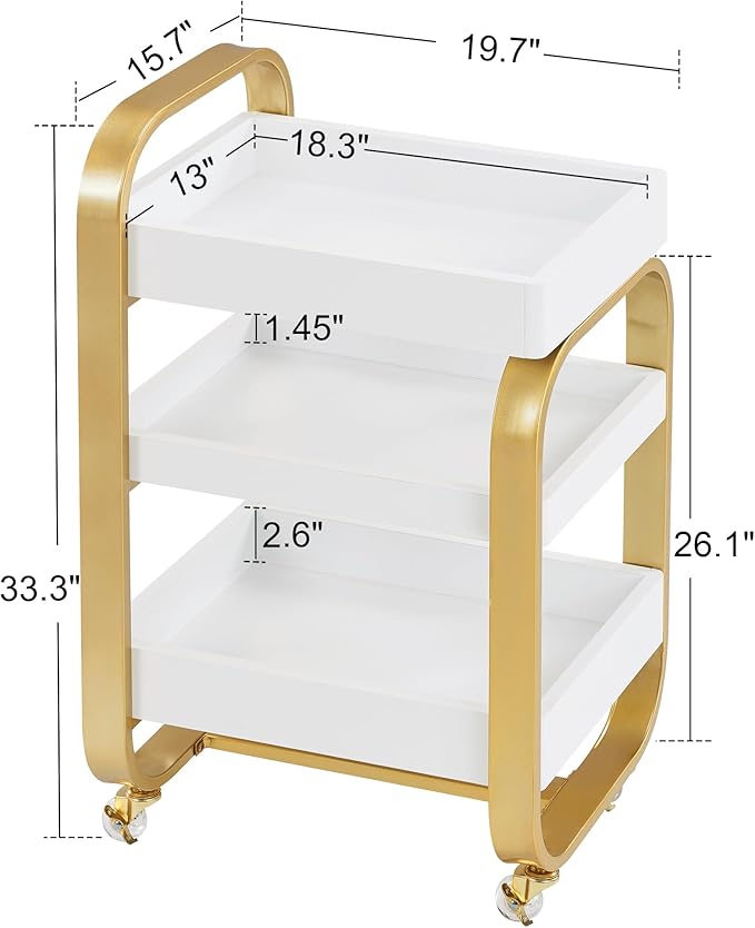 BarberPub Salon Storage Trolley with Shelves, Beauty SPA Rolling Cart with Lockable Wheels, 3-Tier Stylist Tool Organizer, Barber Mobile Station Equipment 2085 (Gold&White)