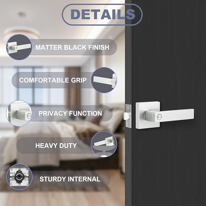 Door Lever, Heavy Duty Interior Door Handles for Bathroom & Bedroom Privacy Door Lock Handle Keyless Door Knobs in Satin Nickel for Right & Left Sided Doors, 2 Pack