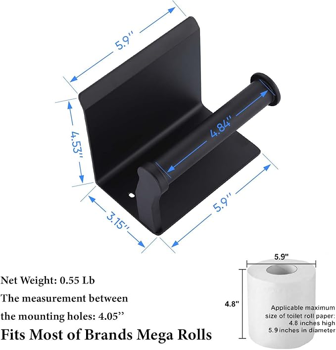 Toilet Paper Holder with Phone Shelf, Self Adhesive Aluminum Tissue Roll Dispenser for Mega Roll, Wall Mounted Toilet Paper Roll Holder for Bathroom, Matte Black
