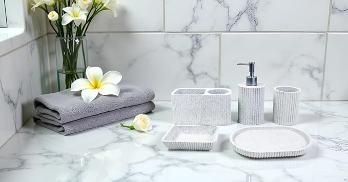 Hymmah Marble Pattern Bathroom Accessories Set, Toothbrush Holdr Set, 5 Pieces Resin Bathroom Set with Toothbrush Holder, Soap Dispenser, Soap Dish,Tumbler (Gray Granite)