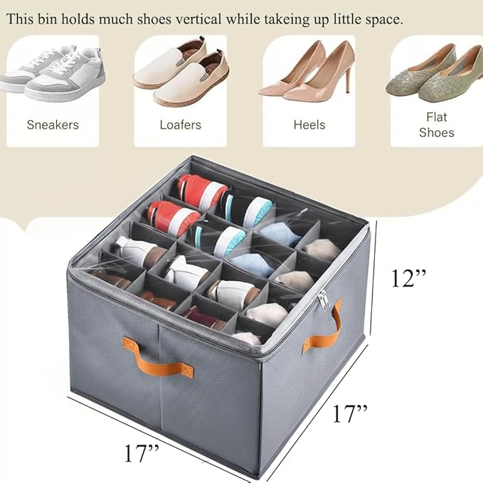 Foldable Shoe Organizer Box for Closet & Under-Bed, Adjustable Dividers, Holds up to 16 Pairs, Stackable, Gray with Clear Cover & Leather Handles, 17x17x12 inch