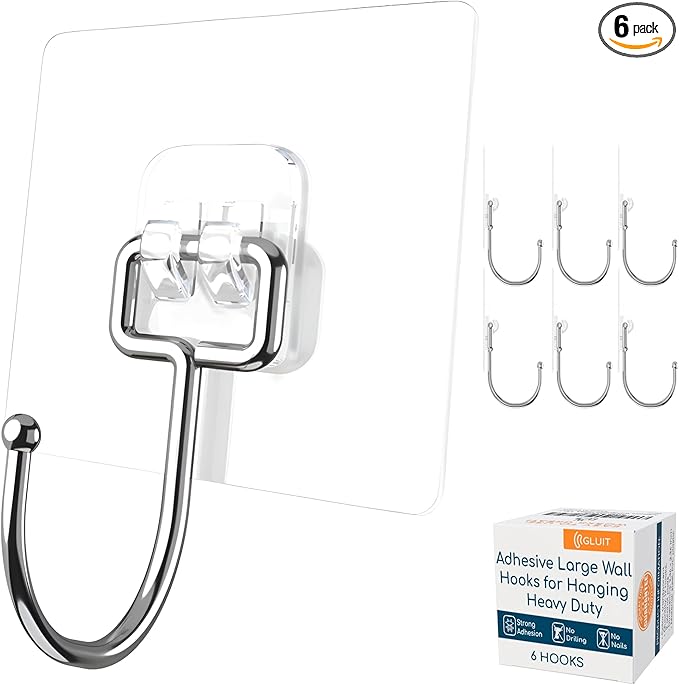 GLUIT Adhesive Large Wall Hooks for Hanging Heavy Duty 22 lbs Hooks for Walls No Damage, Towel Sticky Clear Hooks, Waterproof, Home, Bathroom, Kitchen, Office, and Outdoor 6 Pack