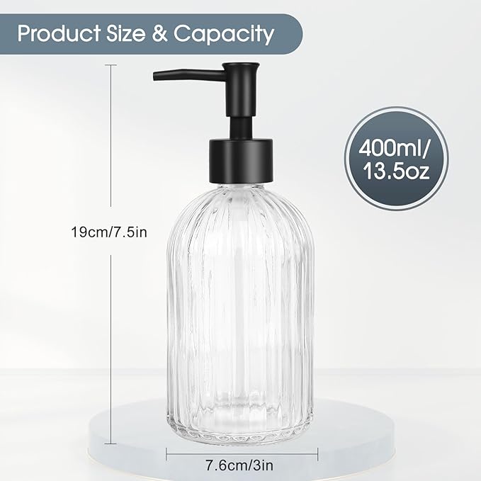 Topsky 2 Pack Glass Soap Dispenser with Plastic Pump, 400ml Liquid Hand Soap Dispenser, Rustproof Pump for Kitchen & Bathroom, Great for Lotions, Essential Oil, Liquid Soaps,Transparent