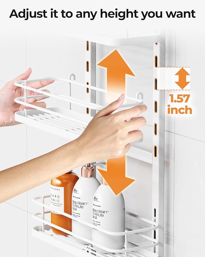 ODesign 3 Tier Height-Adjustable Shower Caddy Hanging Anti-Swing-Over The Shower Head Caddy-Storage Organizer Bathroom Shelves Basket - White