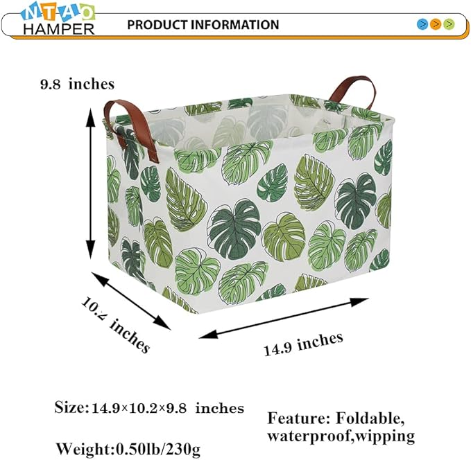 Rectangular Green Storage Basket, Waterproof Safari Nursery Box with Handles for Bedroom, Jungle Theme Gifts Basket, Momstera Decor(Leaf)