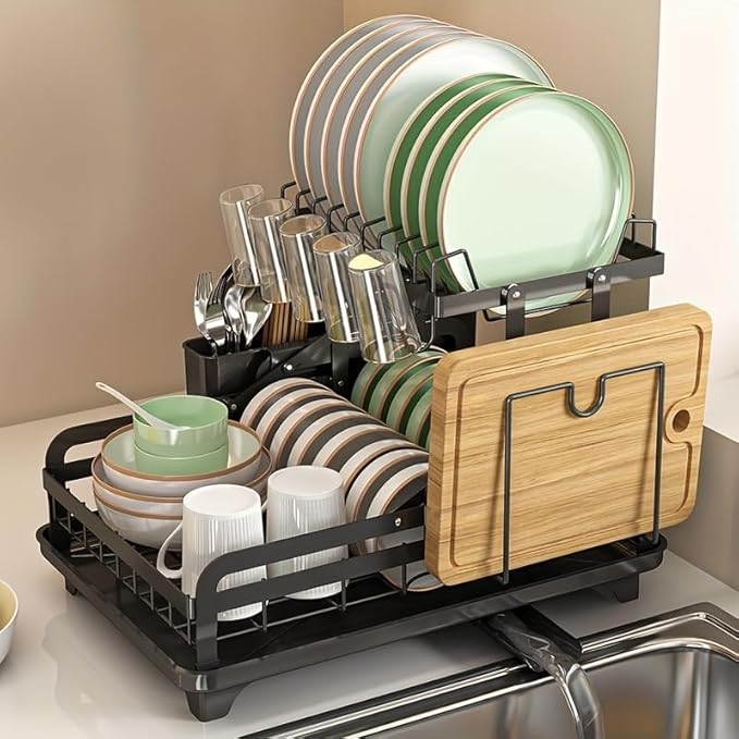 2 Tier Dish Drying Rack Automatic Drainage Board Space-Saving for Kitchen Counter with Cups Holder