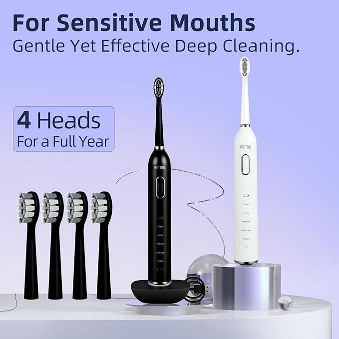 CWX Sonic Electric Toothbrush Wireless Fast Charging, 5 Cleaning Modes, 3 Intensity Settings, 60 Days Battery Life, 2 Min Smart Timer, 4 Brush Heads & Travel Case IPX7 Waterproof