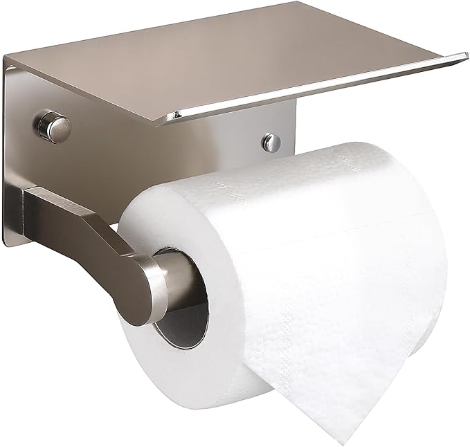 Homely Trove Toilet Paper Holder with Shelf - 3M Self Adhesive Tissue Towel Dispenser or Wall Mounted Toilet Paper Roll Holder - Rustproof Bathroom Phone Holder Tissue Holder Brushed Nickel