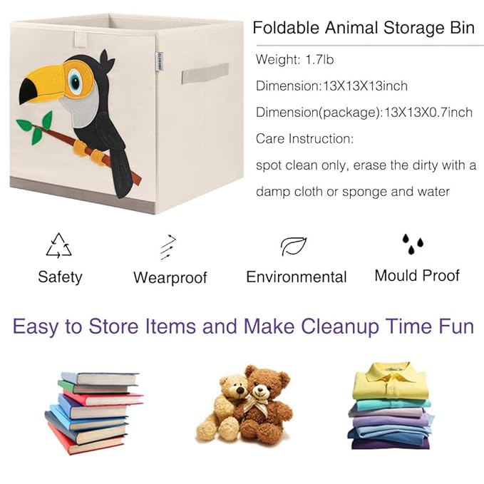 CLCROBD Foldable Animal Cube Storage Bins Fabric Toy Box/Chest/Organizer for Kids Nursery, 13 inch (Toucan)