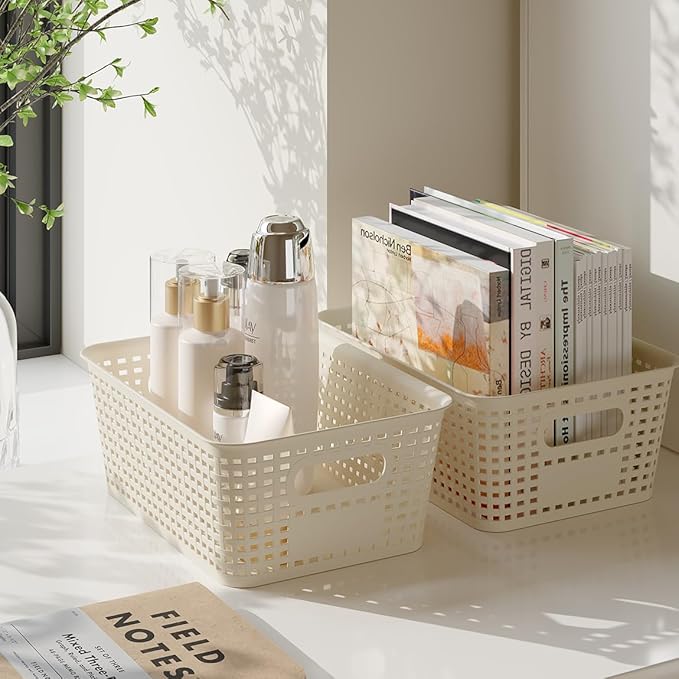 6 Pack Plastic Storage Baskets with Lids, Breathable Stackable Organizer Bins& Containers for Pantry, Desktops, Cabinet, Closet, Offices Organization Toys, Space Saving, Easy-Carry Handles,White