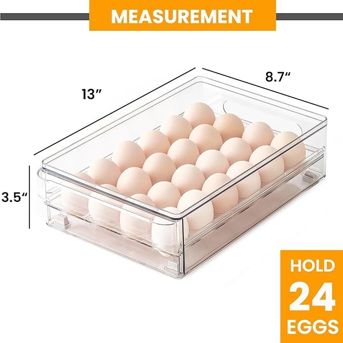 vacane 24 Capacity Egg Holder for Refrigerator, Egg Drawer for Fridge Pull Out Egg Storage Container with Non-Slip Pads Clear Egg Tray Egg Organizer - 2 Pack