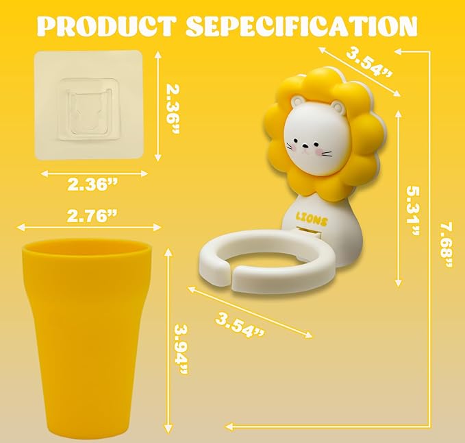 Cute Kids Toothbrush Holder with Cup & Toothpaste Wall Mounted, Adhesive Bathroom Organizer - Kids Bathroom Decor Accessories, Animal Toothbrush Holders for Kids - Yellow Lion