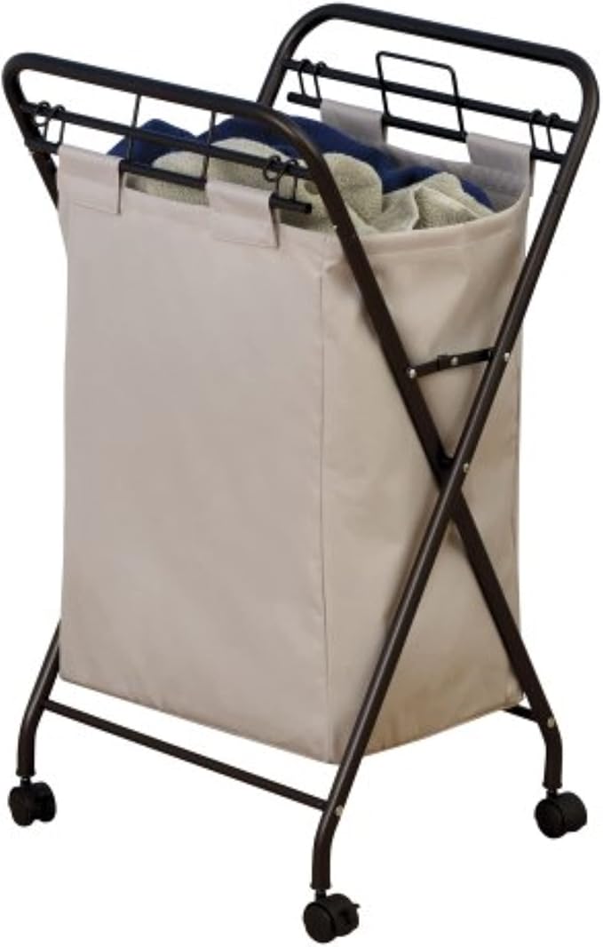 Household Essentials 7172 Rolling Laundry Hamper with Heavy-Duty Canvas Bag | Antique Bronze Frame