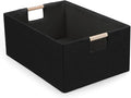 Foldable Fabric Storage Basket for Shelves, Linen Decorative Storage Bin with Wooden Handles, Small Organizer Cube for Closet, Rectangle Canvas Box for Organizing, Decor, 15x10.6x6 Inches (Blcak)