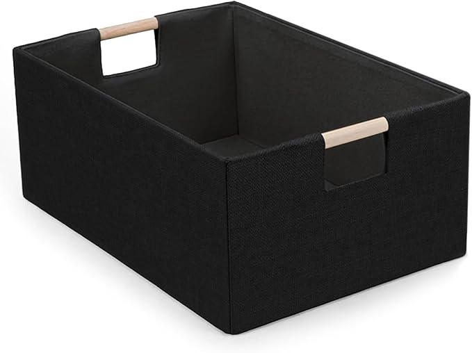 Foldable Fabric Storage Basket for Shelves, Linen Decorative Storage Bin with Wooden Handles, Small Organizer Cube for Closet, Rectangle Canvas Box for Organizing, Decor, 15x10.6x6 Inches (Blcak)
