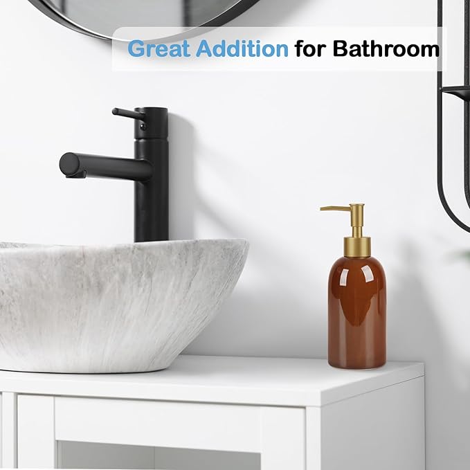 Natheeph 14OZ Ceramic Soap Dispenser Ceramic Soap Pump Dispenser Can Fill Liquid for Bathroom/Kitchen (Amber)