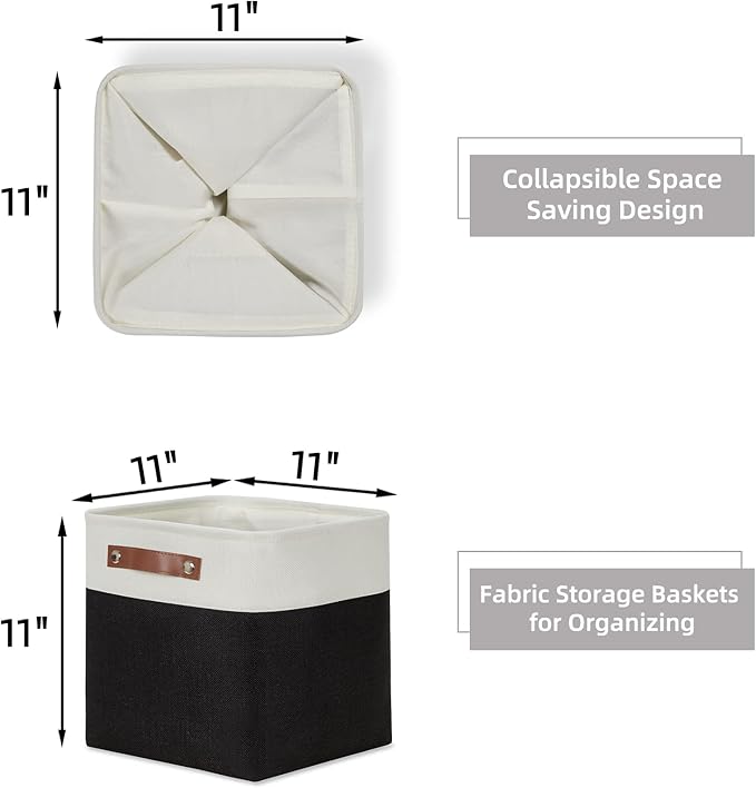 HNZIGE Foldable Storage Basket set,Fabric Storage Baskets for Shelves,Linen Closet Organizers (4 Pack) Storage Baskets,11x11 Storage Basket for Books,Clothes,Gifts with Handles(White&Black)