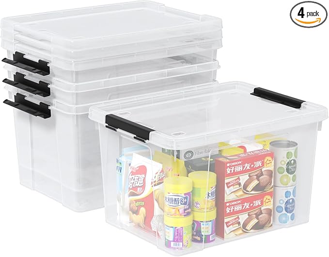 Aninhao 4-Pack 22 Quart Plastic Storage Bins with Wheels, Latching Storage Box Bin, Clear