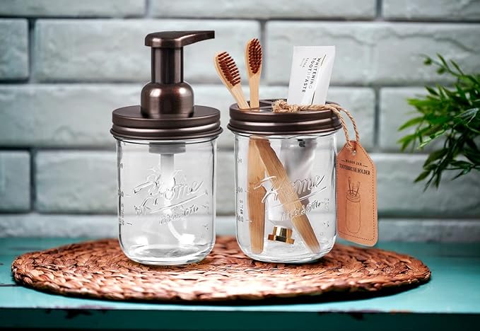 SheeChung Mason Jar Toothbrush Holders, Bathroom Accessories, Bathroom Essentials, Bathroom Organizers and Storage, Bathroom Countertop Organizer, Glass Toothbrush Holders for Bathroom-Bronze