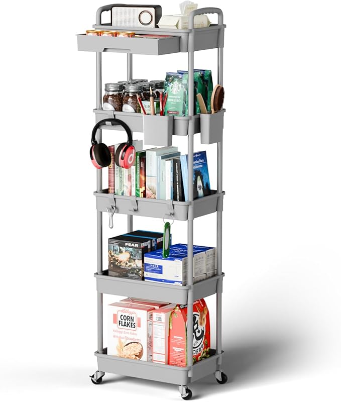 5 Tier Rolling Cart Organizer,Bathroom Cart Organizers with Wheels Laundry Room Organization Mobile Shelving Unit Utility Cart Storage Shelves Multi-Functional for Office, Home(Grey)
