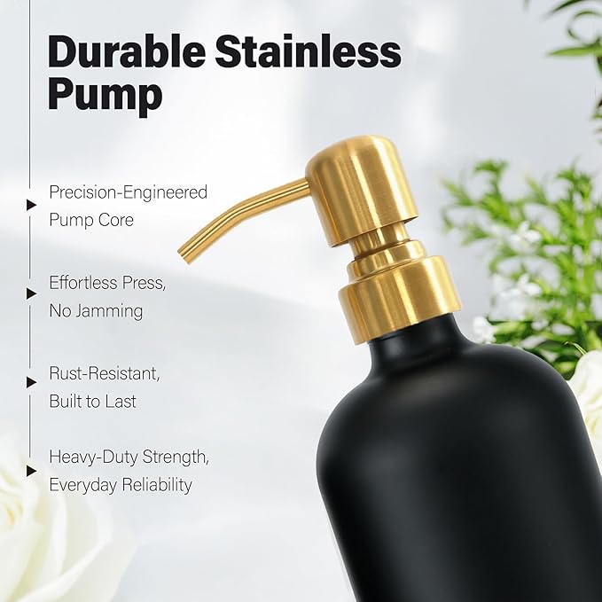 Soap Dispenser Bathroom Set, Hand and Lotion Dispenser with Stainless Steel Pump, Perfect for Black and Gold Bathroom Decor. (Gold & Black)