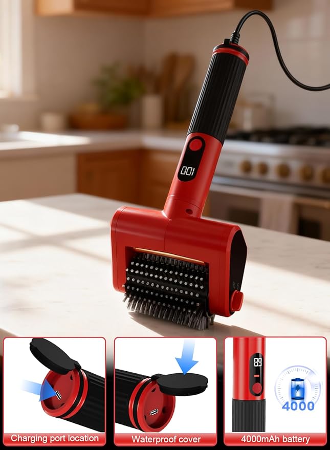 Electric Rechargeable Grill Brush, 650RPM Spinning Stainless Steel Bristle BBQ Brush, Bristle-Free Grill Cleaner for Outdoor & 2 PCS Scouring Pads - Heavy Duty Cordless Electric Tool with LED Light