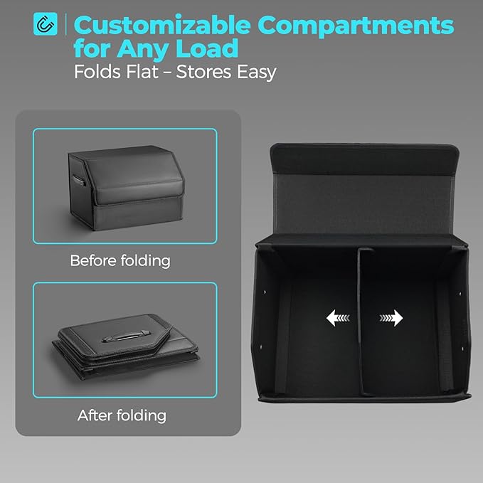 Car Organizers for Trunk for Suv Sedan, Leather Storage Box,Magnetic Lid,Collapsible and Adjustable,16.5 inches
