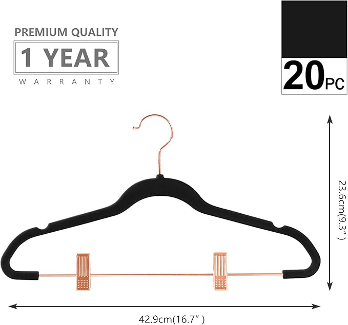 MIZGI Premium Velvet Pants Hangers with Clips (Pack of 20) Slim Skirt Hangers- Non Slip Felt Outfit Dress Hangers Black - Copper/Rose Gold Hooks,Space Saving Shirt Clothes Hangers